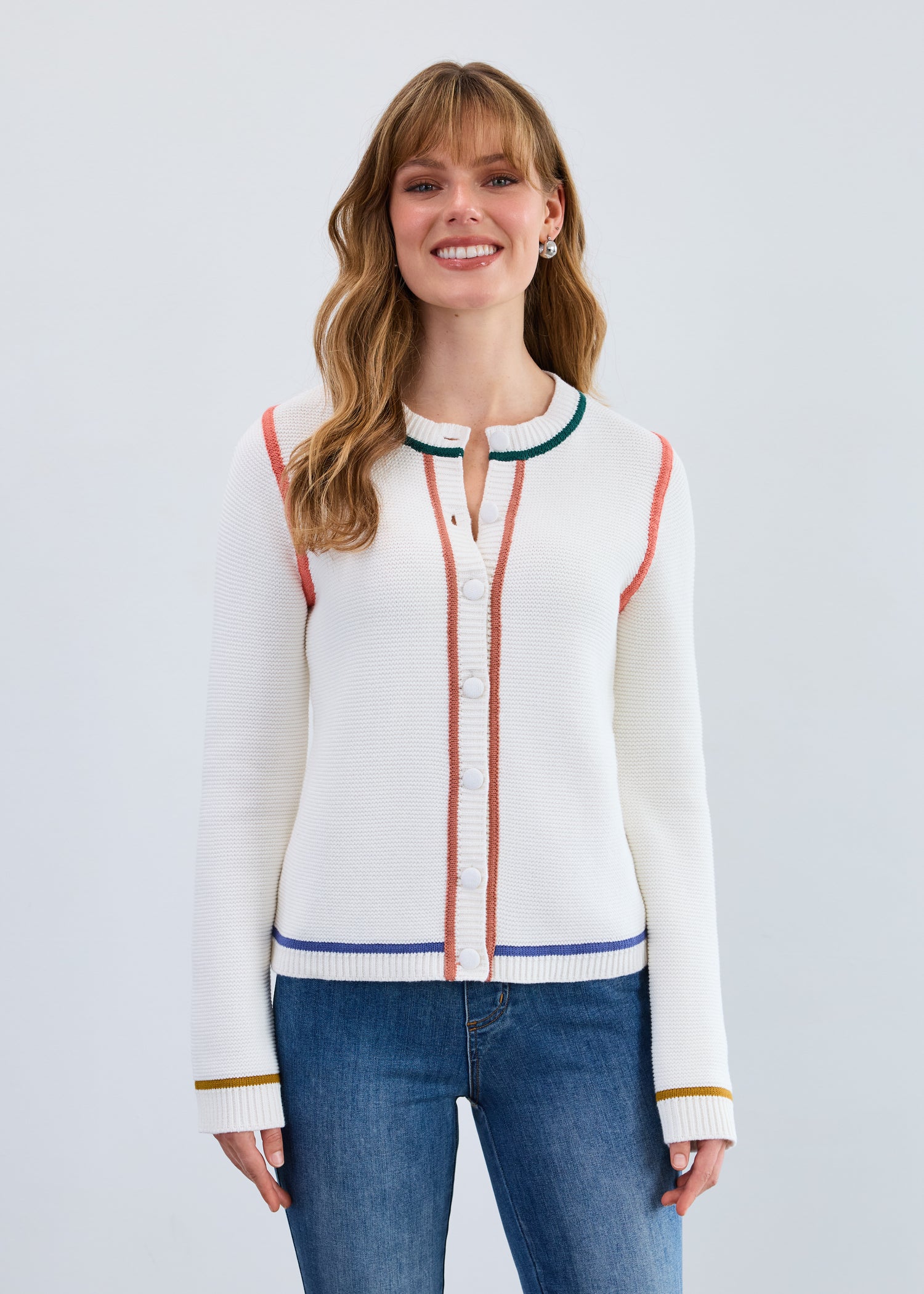 Hannahs Of Erin | Erin Ontario| FDJ | Long-Sleeve Tipping Cardigan Creme|FDJ crème long-sleeve cardigan knitted from soft 100% cotton with sharp contrasting tipping, featuring a tailored fit, round neckline, and button-front closure for polished, versatile layering.