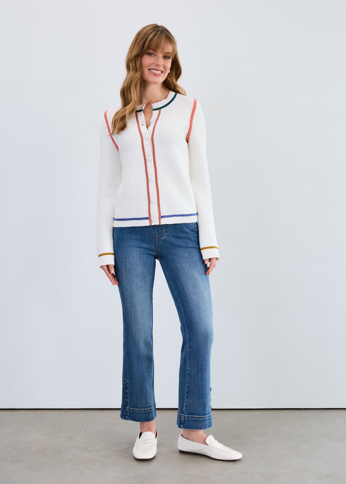 Hannahs Of Erin | Erin Ontario| FDJ | Long-Sleeve Tipping Cardigan Creme|FDJ crème long-sleeve cardigan knitted from soft 100% cotton with sharp contrasting tipping, featuring a tailored fit, round neckline, and button-front closure for polished, versatile layering.