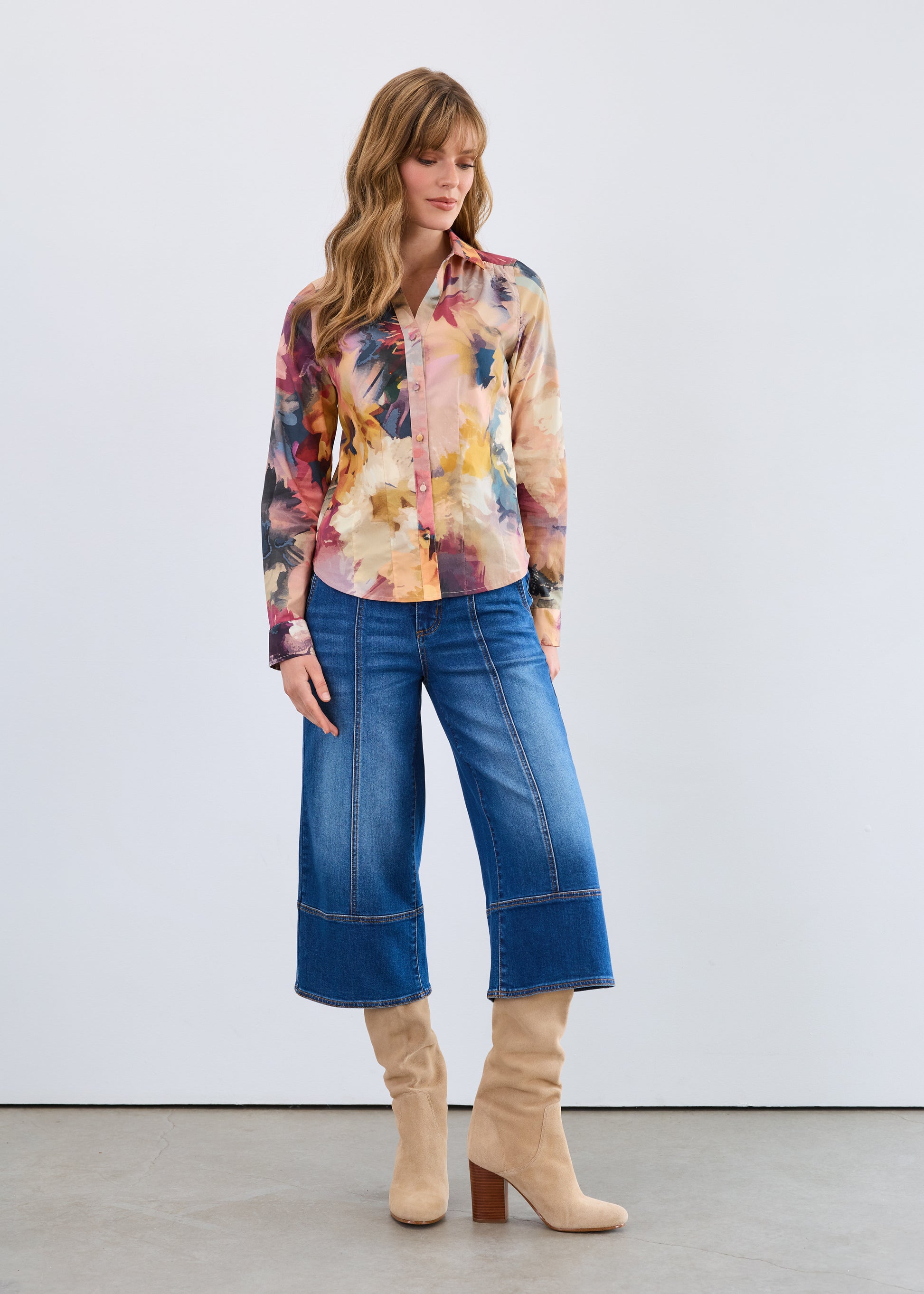 Hannahs Of Erin| Erin Ontario | FDJ | Original Canadian Artist Print Shirt | button-front women’s shirt featuring an exclusive autumnal print by a Canadian artist, with a button front, split neck and classic collar, long sleeves, and a flattering 25-inch length. Made from soft, breathable cotton with stretch for comfort. 