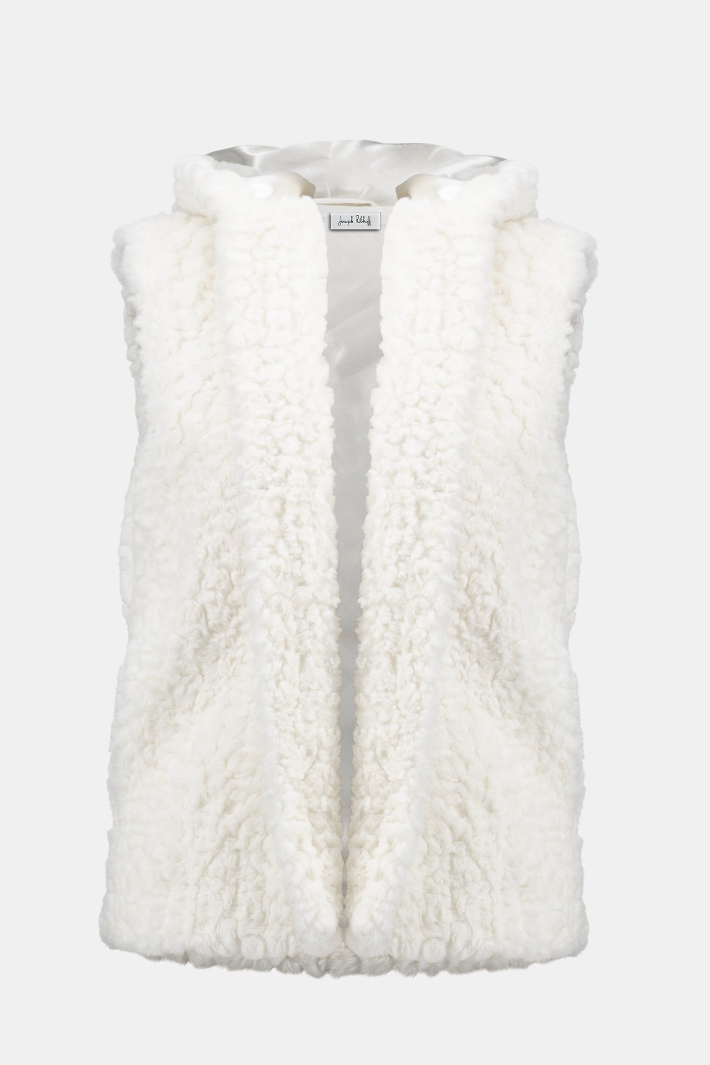 Hannahs Of Erin| Erin Ontario | Joseph Ribkoff | Faux Fur Textured Stripe Vest| colour Vanilla. Joseph Ribkoff sleeveless faux fur vest with textured stripe pattern, hooded collar, discreet hook-and-eye closure, and full lining, offering plush warmth and sophisticated layering.