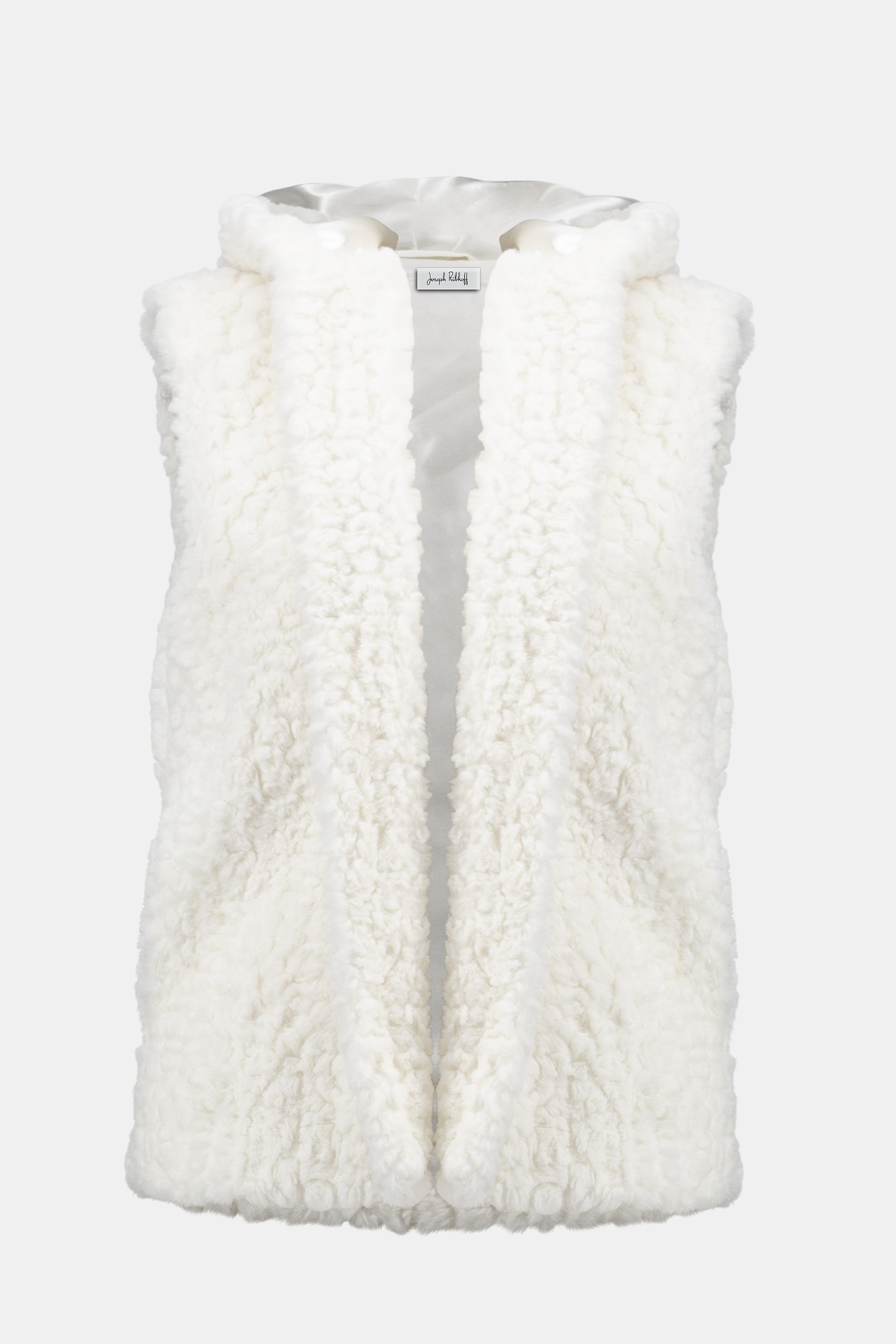 Hannahs Of Erin| Erin Ontario | Joseph Ribkoff | Faux Fur Textured Stripe Vest| colour Vanilla. Joseph Ribkoff sleeveless faux fur vest with textured stripe pattern, hooded collar, discreet hook-and-eye closure, and full lining, offering plush warmth and sophisticated layering.