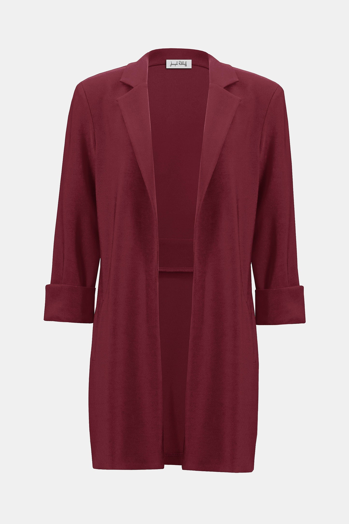 Hannahs Of Erin| Erin Ontario | Joseph Ribkoff | Long Open Front Blazer – Merlot |Joseph Ribkoff long open front blazer in rich merlot with notched collar and three-quarter cuff sleeves, made from breathable interlock twist yarn fabric, perfect for workwear and evening events.
