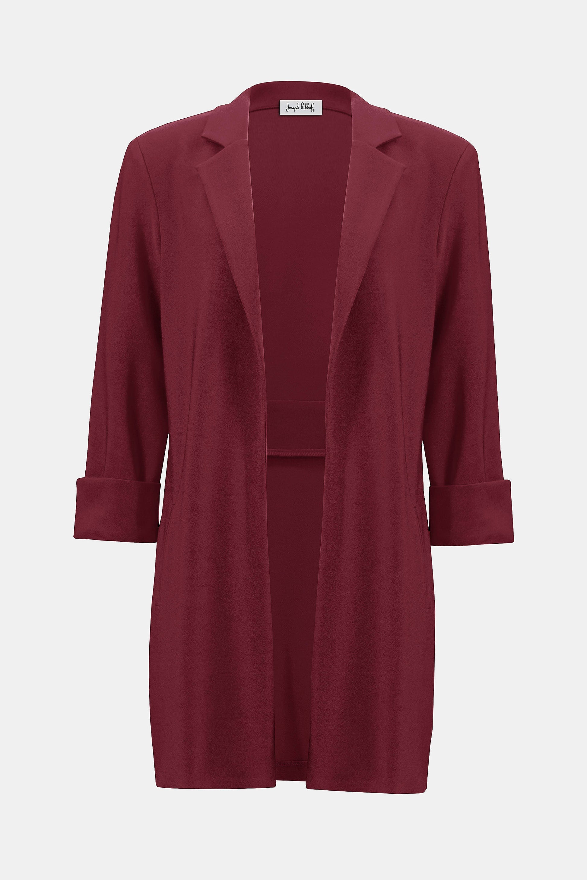 Hannahs Of Erin| Erin Ontario | Joseph Ribkoff | Long Open Front Blazer – Merlot |Joseph Ribkoff long open front blazer in rich merlot with notched collar and three-quarter cuff sleeves, made from breathable interlock twist yarn fabric, perfect for workwear and evening events.