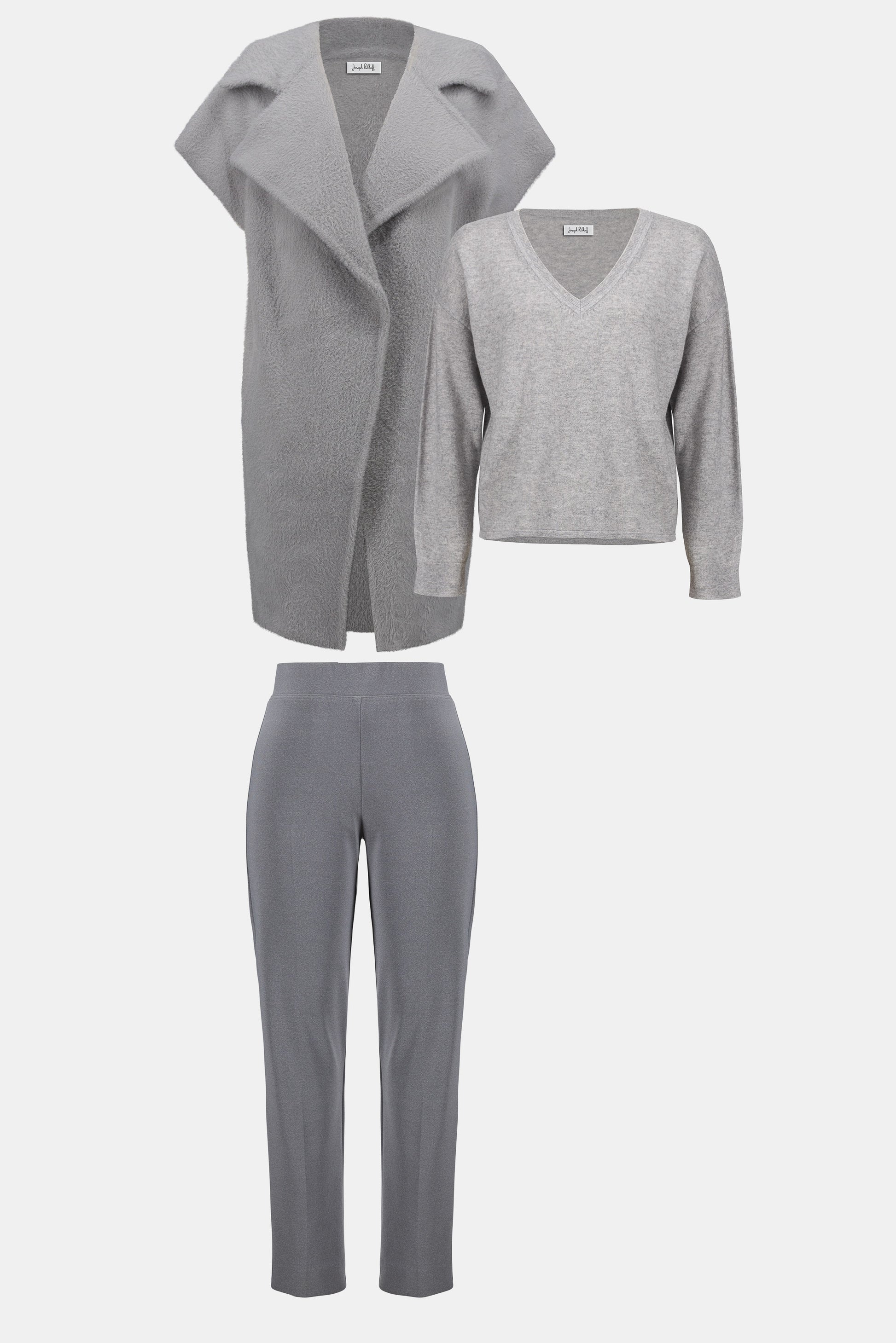 Hannahs Of Erin | Erin Ontario | Joseph Ribkoff | Melange Silky Knit Straight Leg Pull-On Pants. Colour Gray. Ribkoff melange silky knit straight leg pull-on pants in bonded fabric with covered elastic waistband and back slit detail, designed for a flattering and comfortable office-ready fit.


