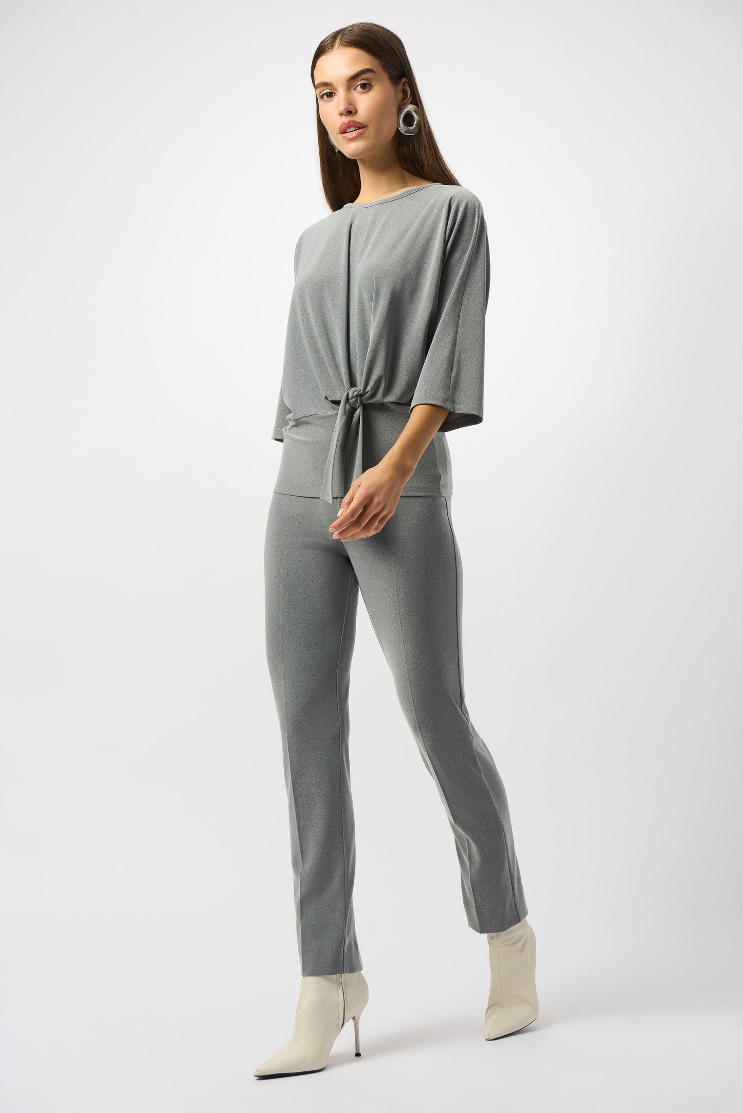 Hannahs Of Erin | Erin Ontario | Joseph Ribkoff | Melange Silky Knit Straight Leg Pull-On Pants. Colour Gray. Ribkoff melange silky knit straight leg pull-on pants in bonded fabric with covered elastic waistband and back slit detail, designed for a flattering and comfortable office-ready fit.

