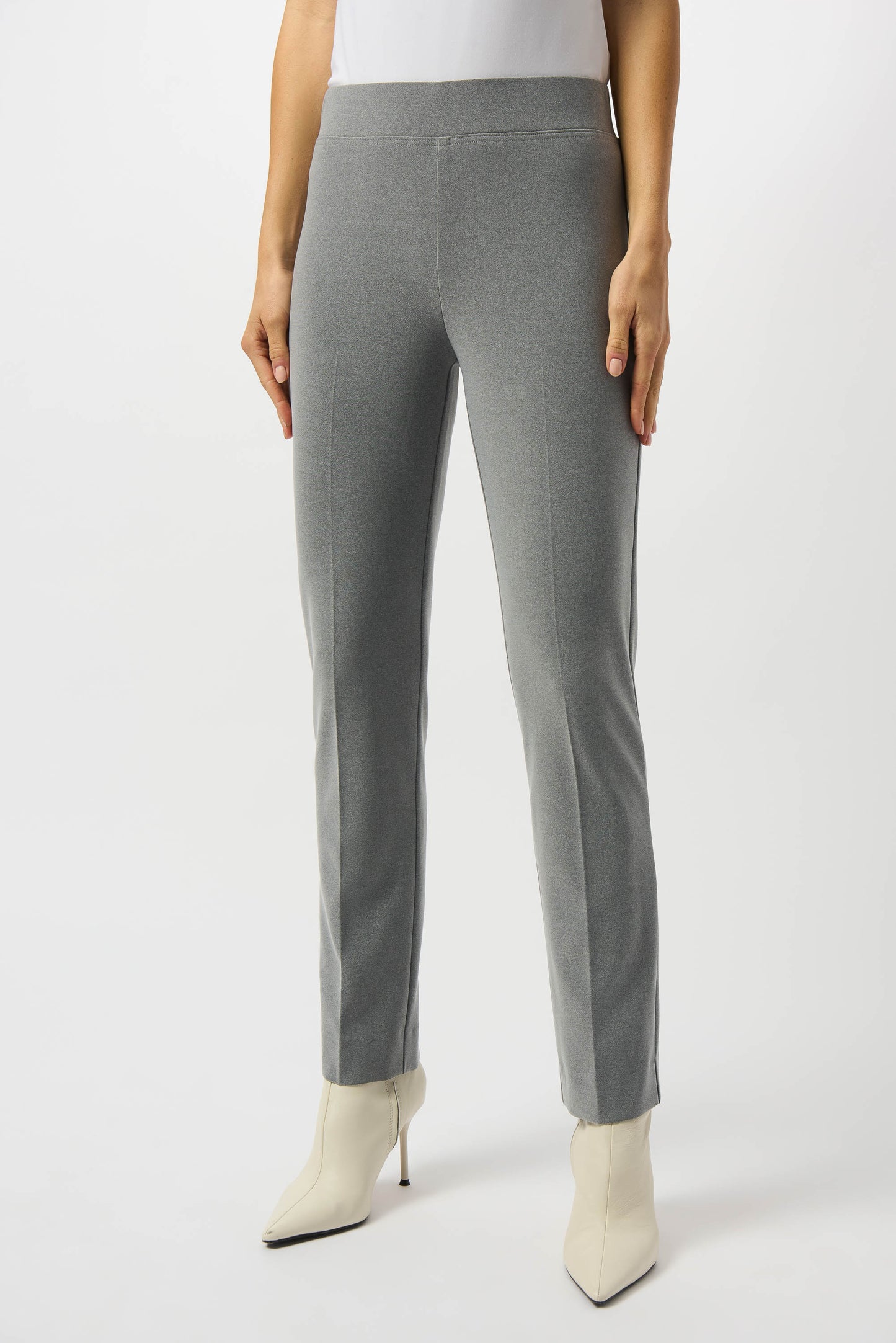 Hannahs Of Erin | Erin Ontario | Joseph Ribkoff | Melange Silky Knit Straight Leg Pull-On Pants. Colour Gray. Ribkoff melange silky knit straight leg pull-on pants in bonded fabric with covered elastic waistband and back slit detail, designed for a flattering and comfortable office-ready fit.

