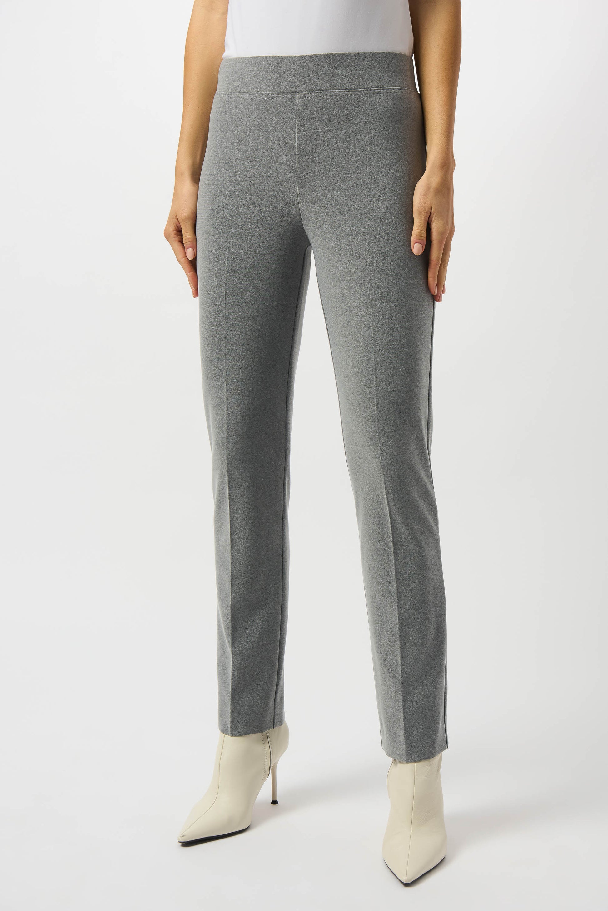 Hannahs Of Erin | Erin Ontario | Joseph Ribkoff | Melange Silky Knit Straight Leg Pull-On Pants. Colour Gray. Ribkoff melange silky knit straight leg pull-on pants in bonded fabric with covered elastic waistband and back slit detail, designed for a flattering and comfortable office-ready fit.


