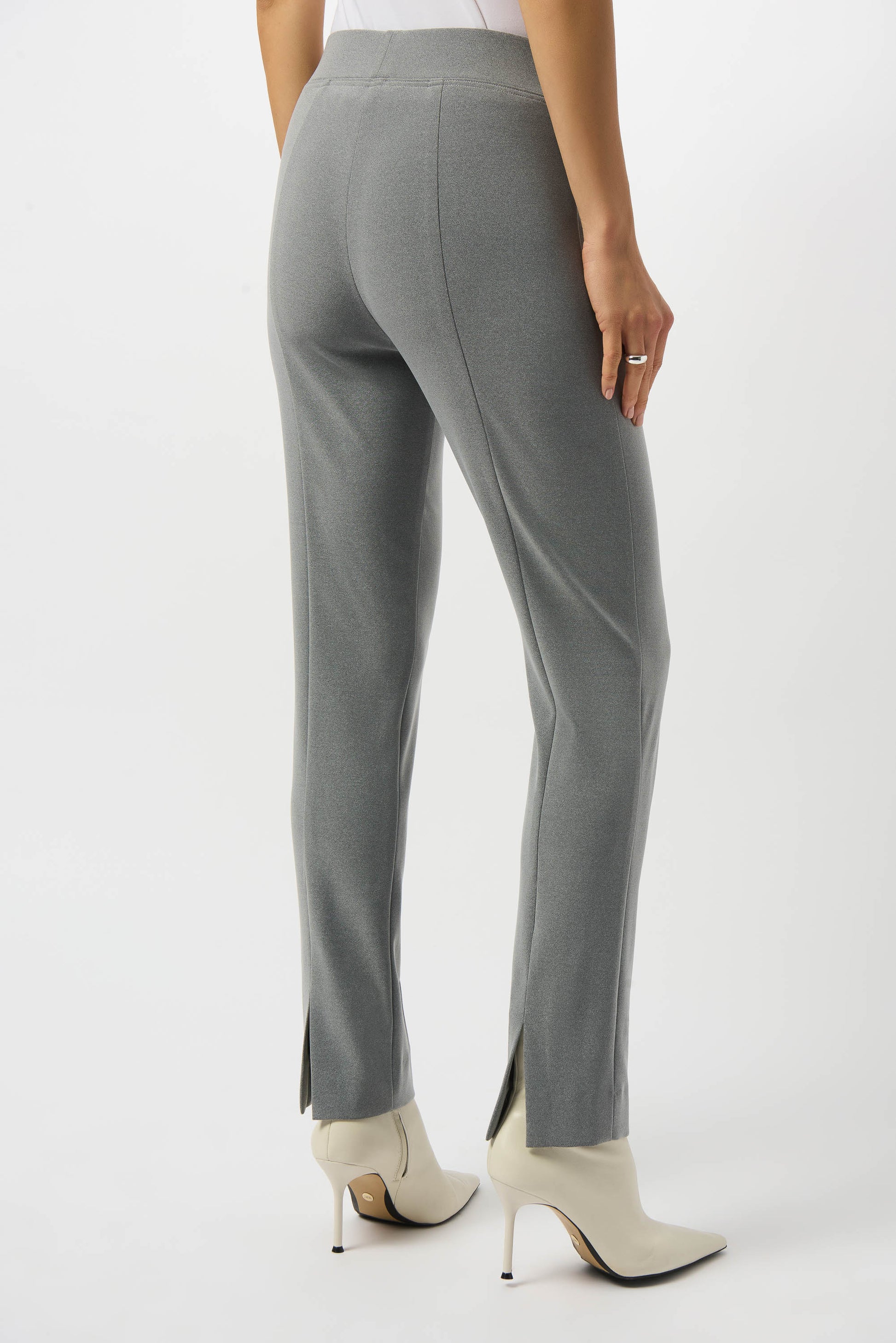Hannahs Of Erin | Erin Ontario | Joseph Ribkoff | Melange Silky Knit Straight Leg Pull-On Pants. Colour Gray. Ribkoff melange silky knit straight leg pull-on pants in bonded fabric with covered elastic waistband and back slit detail, designed for a flattering and comfortable office-ready fit.

