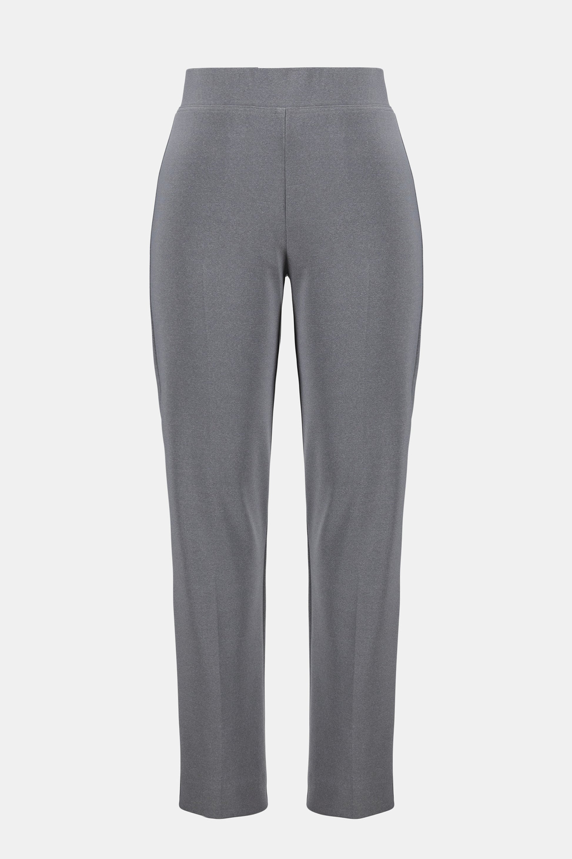 Hannahs Of Erin | Erin Ontario | Joseph Ribkoff | Melange Silky Knit Straight Leg Pull-On Pants. Colour Gray. Ribkoff melange silky knit straight leg pull-on pants in bonded fabric with covered elastic waistband and back slit detail, designed for a flattering and comfortable office-ready fit.

