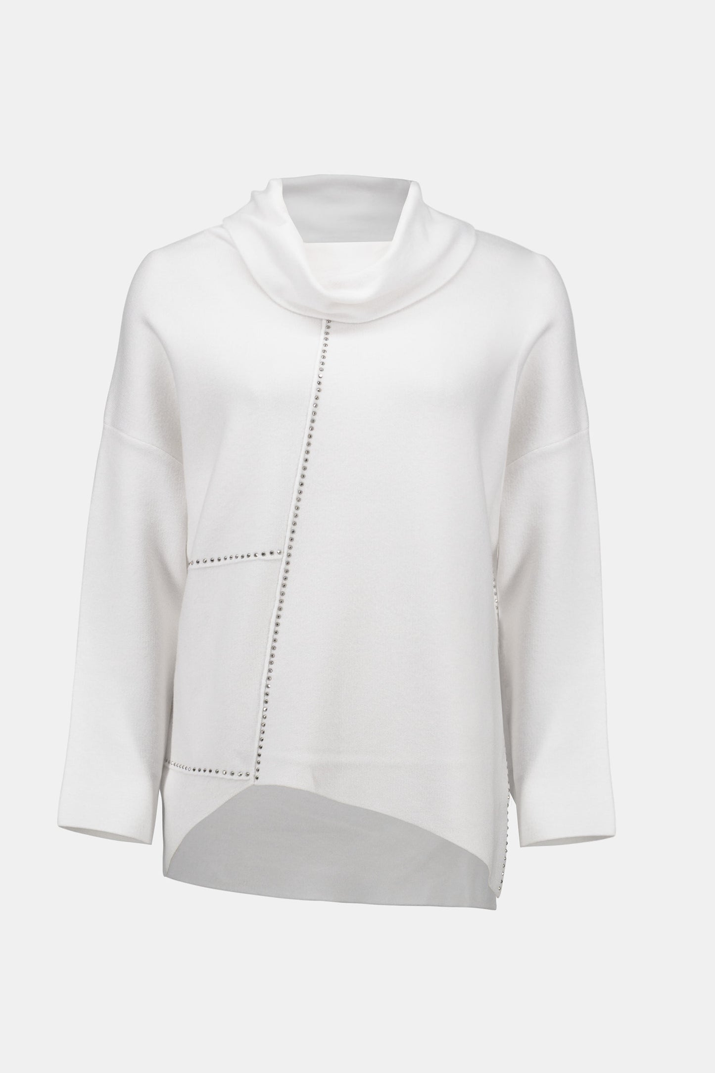 Hannahs Of Erin | Erin Ontario| Joseph Ribkoff | Sweater Knit Asymmetrical Pullover. Colour Vanilla 
25% Polyester, 25% Polyamide, 50% Viscose rayon
Sweater knit
Cowl neck
Long straight sleeves
Iron-on detailing
Unlined