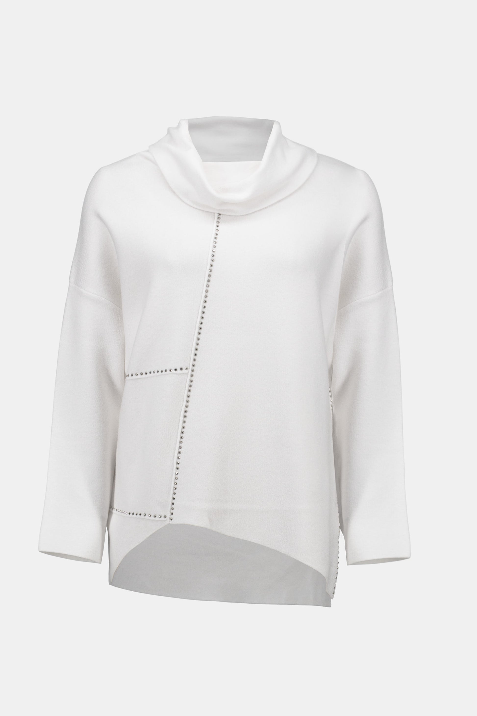 Hannahs Of Erin | Erin Ontario| Joseph Ribkoff | Sweater Knit Asymmetrical Pullover. Colour Vanilla 
25% Polyester, 25% Polyamide, 50% Viscose rayon
Sweater knit
Cowl neck
Long straight sleeves
Iron-on detailing
Unlined