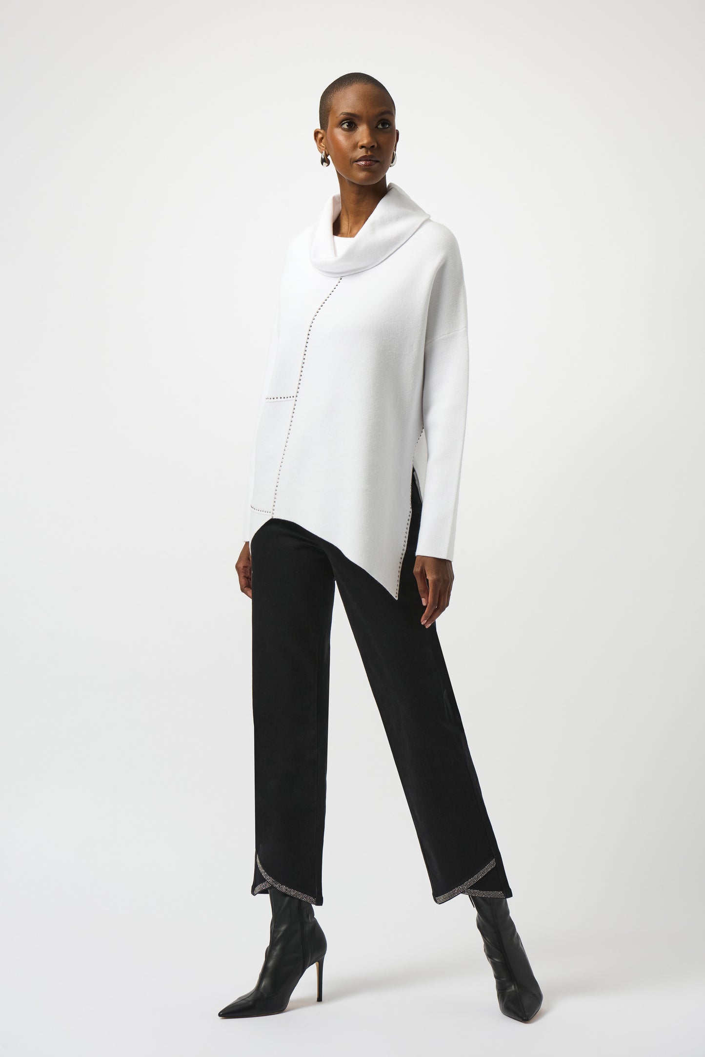 Hannahs Of Erin | Erin Ontario| Joseph Ribkoff | Sweater Knit Asymmetrical Pullover. Colour Vanilla 
25% Polyester, 25% Polyamide, 50% Viscose rayon
Sweater knit
Cowl neck
Long straight sleeves
Iron-on detailing
Unlined