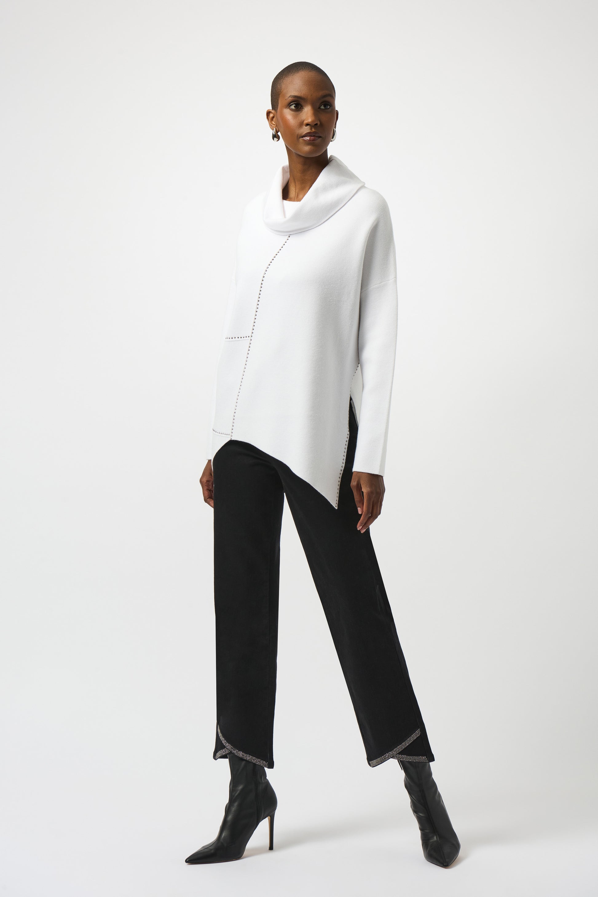 Hannahs Of Erin | Erin Ontario| Joseph Ribkoff | Sweater Knit Asymmetrical Pullover. Colour Vanilla 
25% Polyester, 25% Polyamide, 50% Viscose rayon
Sweater knit
Cowl neck
Long straight sleeves
Iron-on detailing
Unlined