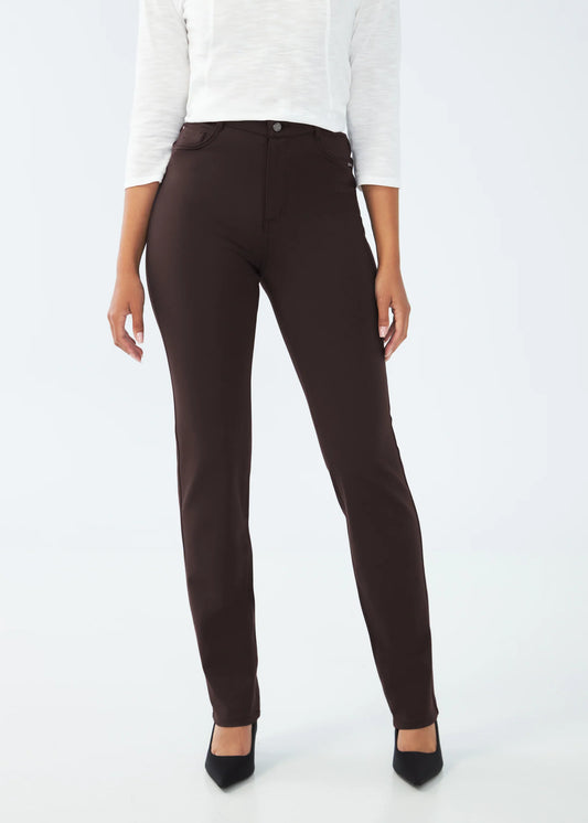 Hannahs_Of_Erin_Erin_Ontario| SUZANNE STRAIGHT LEG Pant|FDJ Suzanne Straight Leg women’s pants in brown PDR fabric with high-rise 10.5" rise, 32" inseam, straight leg cut, and exclusive WONDERWAIST slimming panel, crafted from 69% viscose, 27% nylon, and 4% elastane for a sleek, comfortable fit.

