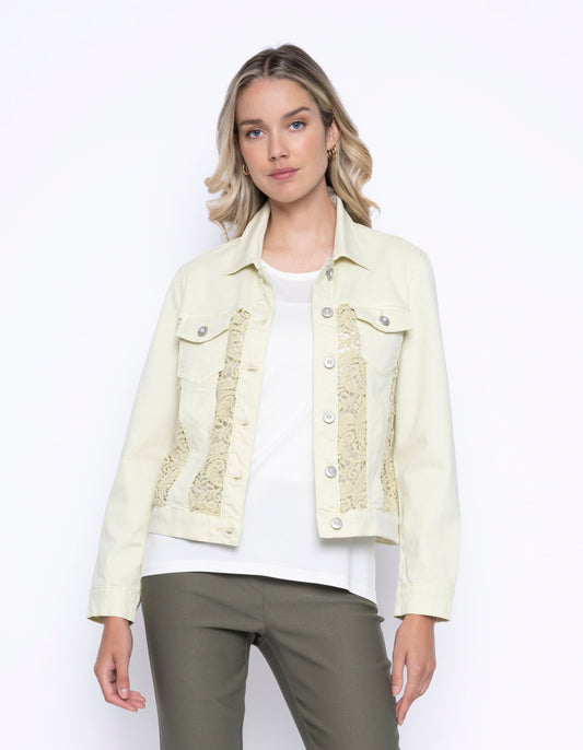 Hannahs Or Erin-Erin Ontario-Womans Clothing Boutique-Picadilly-Lace Trim Denim Jacket-G6426- avail in 2 colour Honeydew,  and Avacodo
Long sleeves, buttoned cuffs
Single-breasted collar, button-up front
Two front pockets
Relaxed yet tailored fit
98% cotton, 2% spandex
Breathable, stretchy fabric
Shorter length, straight hemline
Ideal for layering over dresses or jeans
Perfect for casual outings, travel, or evenings