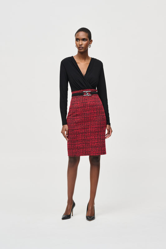 Hannahs of Erin- Erin Ontario-Joseph Ribkoff dress-243060. Long straight sleeves, featuring an red/black subtle plaid abstract patterned mini pencil skirt and wraparound silhouette bodice with a belt. Made from a blend of polyester and spandex for a comfortable fit, and complete with a back zipper. Ideal for semi-formal occasions or a stylish night out. Knee length.