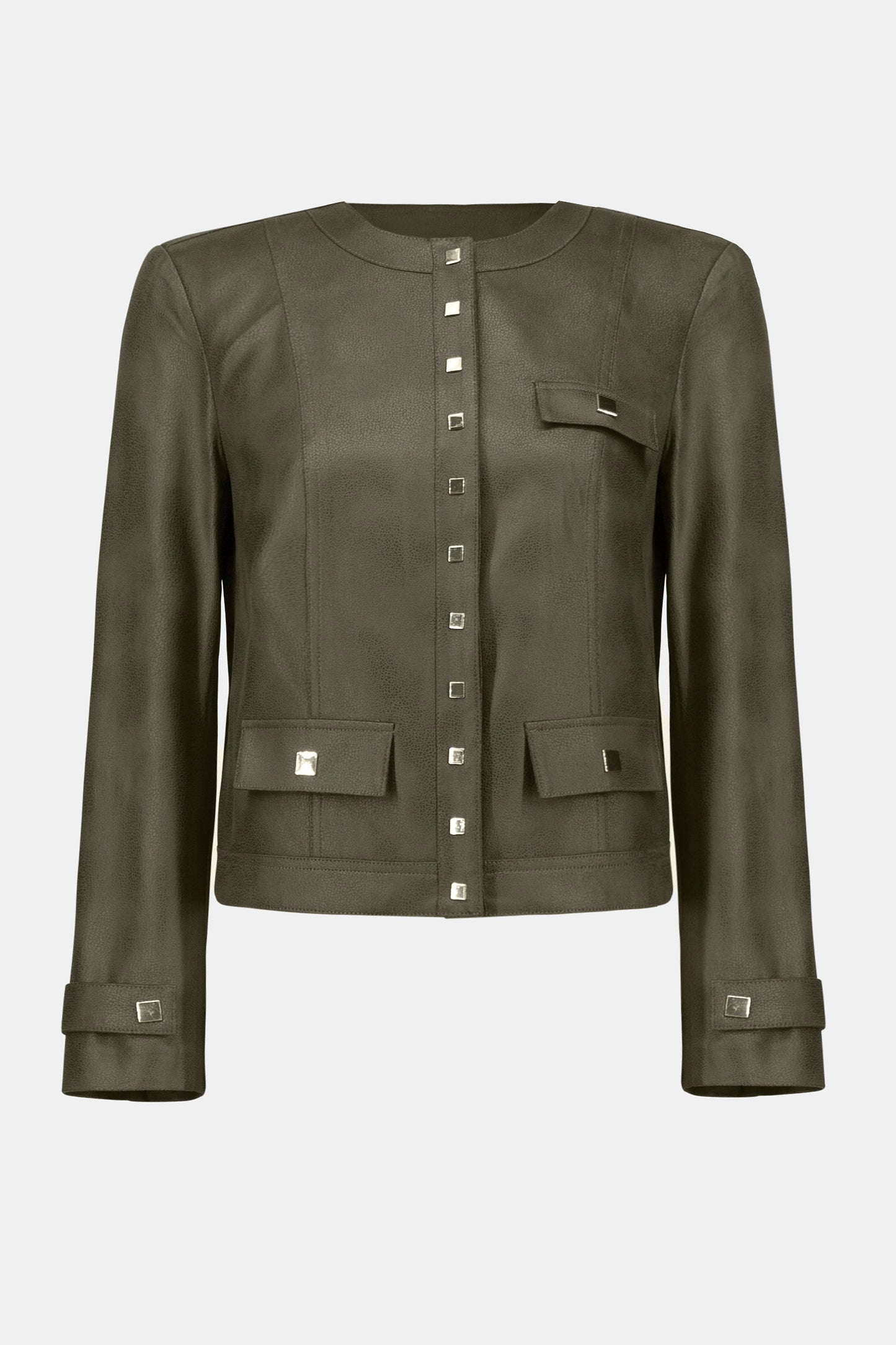 Joseph Ribkoff | Foiled Faux Suede Fitted Jacket | colour Avocado
90% Polyester, 10% Spandex
Foiled stretch faux suede
Crew neck
Long straight sleeves
Self tabs at cuffs
Square snap button front closure
Flap pockets with snap buttons
Unlined

