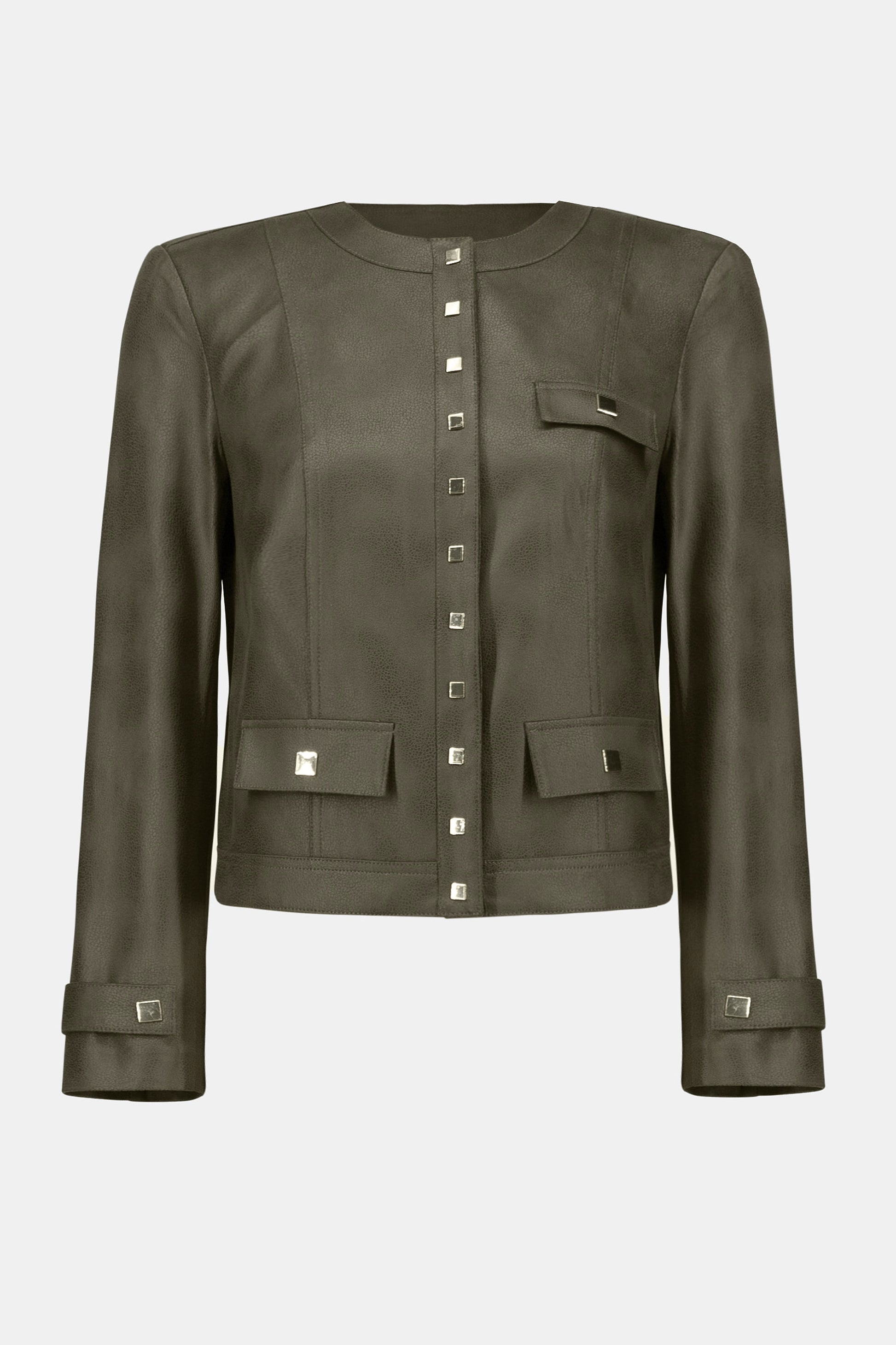 Joseph Ribkoff | Foiled Faux Suede Fitted Jacket | colour Avocado
90% Polyester, 10% Spandex
Foiled stretch faux suede
Crew neck
Long straight sleeves
Self tabs at cuffs
Square snap button front closure
Flap pockets with snap buttons
Unlined

