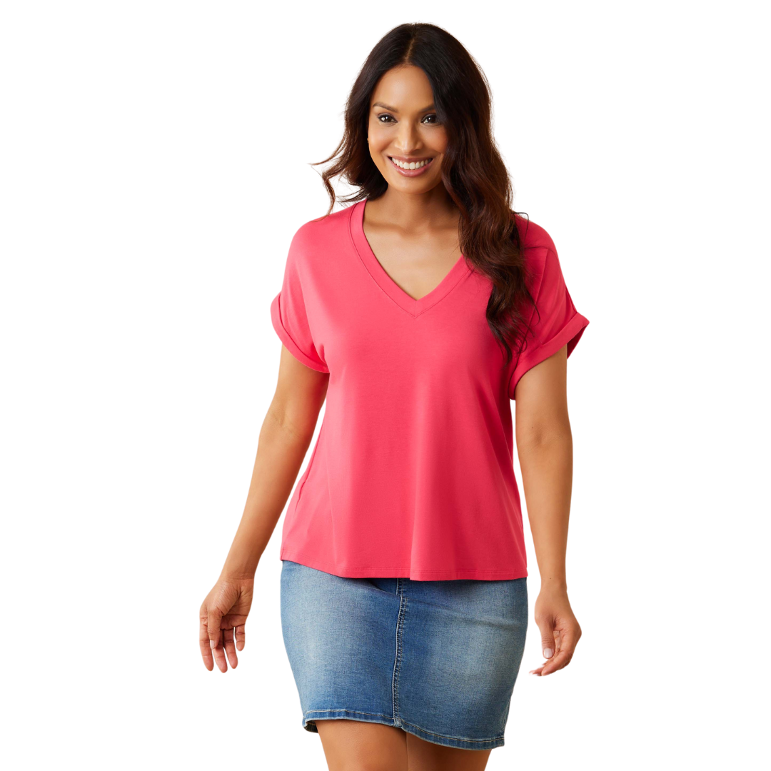 Hannahs Of Erin - Erin Ontario Tommy Bahama Kauai V Neck Tee: Luxurious comfort where essential basics meet the softest fabrics. Modal-blend fabric with a touch of stretch for a sumptuous feel. Flattering V-neckline adds elegance and elongates the body. Perfect canvas to showcase favorite short-length necklaces. Crafted from 67% TENCEL™ Modal, 28% polyester, and 5% spandex. Promises both style and flexibility for everyday wardrobe elevation. A go-to piece for comfort and sophistication. Paradise Pink